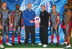 From left are Chris Cunningham, defensive lineman; Cleo Cooper, wide receiver; Matt Siegel, OhioHealth Sports Medicine Athletic Trainer; Coach Rick Kranz; Les Obie, starting QB; and Thomas McKenzie, defensive lineman.