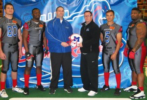 From left are Chris Cunningham, defensive lineman; Cleo Cooper, wide receiver; Matt Siegel, OhioHealth Sports Medicine Athletic Trainer; Coach Rick Kranz; Les Obie, starting QB; and Thomas McKenzie, defensive lineman.