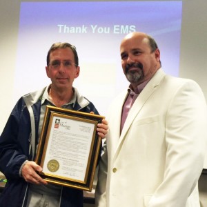 Keith Severns, EMS Coordinator, OhioHealth Marion General Hospital presenting an official Proclamation of Celebration of EMS Week which was accepted by EMS Medical Director Dr. Larry Lewis.