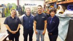 Pictured on the Sakamura shop floor, L-R, are: Sheila Schmidt, Shipping & Receiving Coordinator; Nathan Conley, former Ohio State intern, now Sales & Purchasing Supervisor; Trevor Bender, OSU Shipping & Receiving Intern; Naomi Taniguchi, Office Manager & Treasurer.