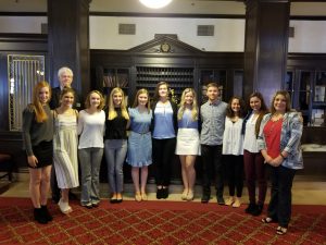 First Row (L-R): Ally McCurdy (Pleasant), Ellie Campbell (Pleasant), Anna Hundley (Ridgedale), Taylor Merritt (Ridgedale), Marlena Stimson (Marion Harding), Camryn Craig (Marion Harding), Cynthia Schneider (Elgin), Harrison Metcalf (Elgin), Brenna Dawson (River Valley), Kylie Lang (River Valley), Neeta Shuff (United Bank). Second Row: Don Stone (United Bank)